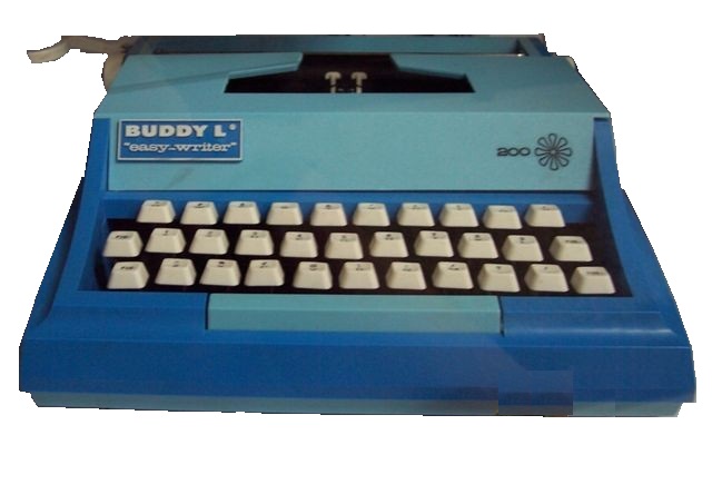 This 1978 toy typewriter from Buddy L is a lovely pale blue plastic.
			The typewriter keys are white with black letters. There is a rounded scoop in the base part of the body
			that gives it a classical look. The space bar is integrated into the frame. The typebar cover is a lighter blue and lifts to expose the keybars and ribbon spools (a proprietary Buddy L ribbon and spool is required). The platen is black with white platen twirlers. For a toy, it works remarkably well.