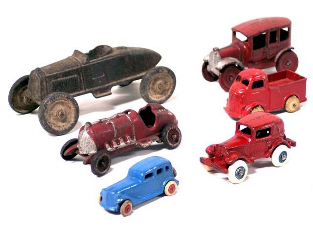 There are six cast metal cars from Barclay and various unknown makers in this group