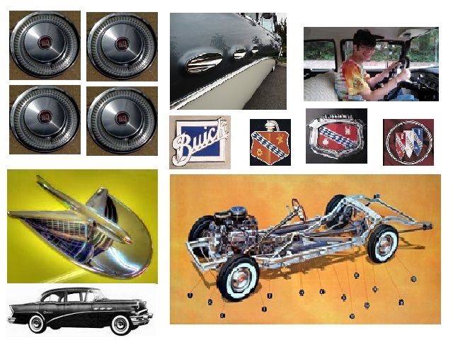 This is a composite Buick image. There are four hubcaps, a shot of three Ventiports, a closeup interior shot of a fine young man sitting behind the wheel and grinning with delight, four Buick emblems, a closeup of the combo hood ornament and scoop, a black and white '53 Buick image, and a rolling chassis diagram drawing