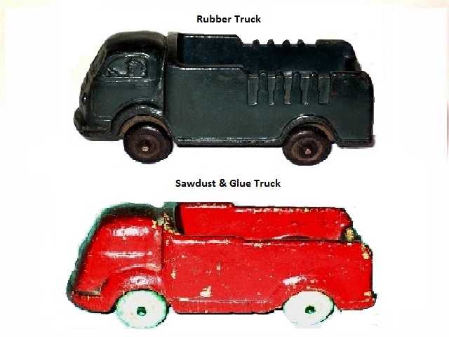 Side by side views of rubber and sawdust trucks.