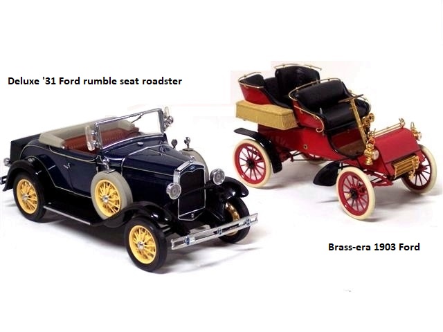 A deluxe '31 Ford rumble seat roadster in dark blue with black fenders, dual sidemounts, and straw wheels.