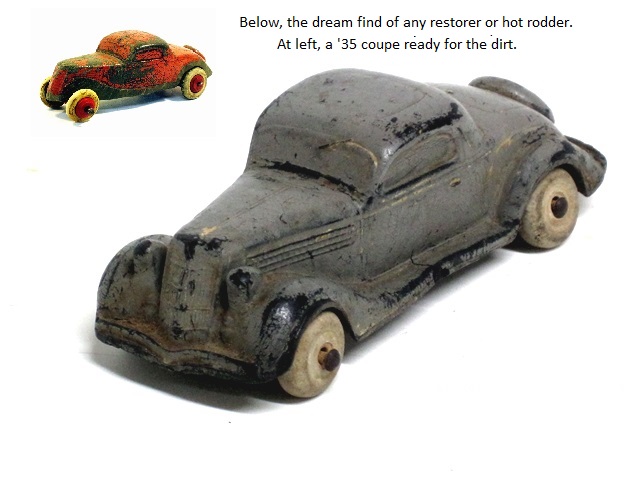 A pairing of '36 coupes. First a hot-rodder and restorer's dream find. The other is a radically redone coupe, paint undone, fenders and runningboards removed.