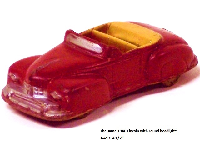 A red 1946 Lincoln with yellow interior and round headlights. Four and one half inches long.
