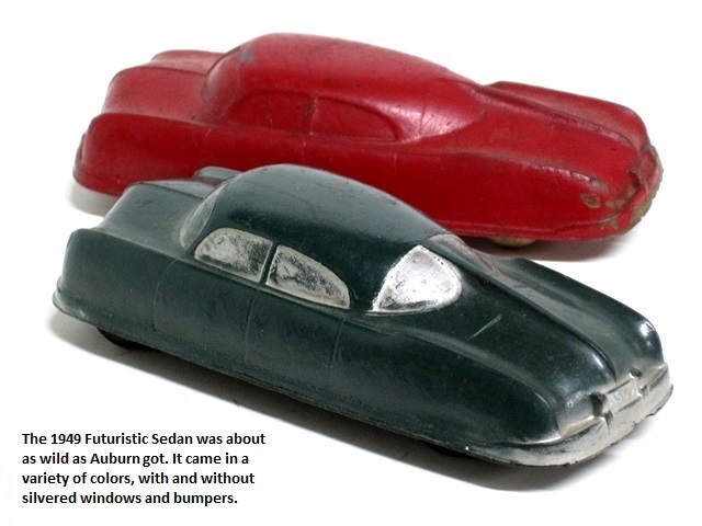 A rear quarter view of the 1949 futuristic sedans