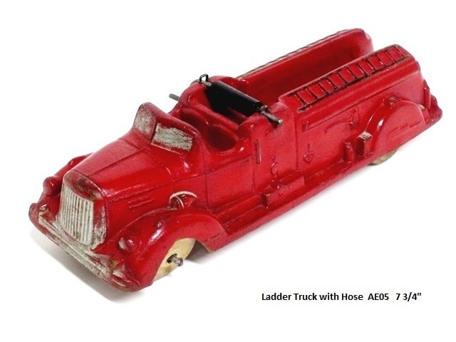 A ladder truck with a string substituting for a hose line.