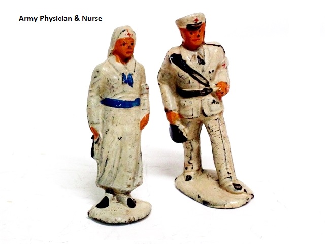 This is a picture of the military doctor and nurse, both in white. The nurse wears a dress with a blue belt and neck scarf, and a white nurses cap with red cross. The doctor wears a white suit (with blue stripes down the front creases), black tie and belt with harness, and a white officer's cap with red cross. His jacket has four large pockets, but the nurse has no pockets, but a decorative blue stripe around the cuffs. The doctor appears to be carrying a helmet in his right hand but ... ? He and she have back shoes and he sports a black tie.