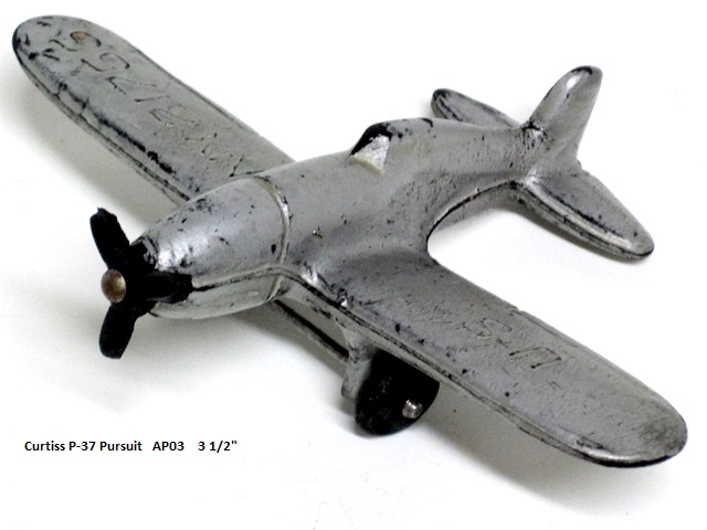 A silver Curtiss P37 with replacement rubber prop, 4 1/2 inches long.