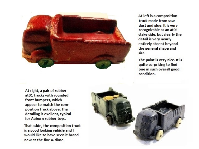 This photo compares a composition truck to a pair of the rubber trucks.