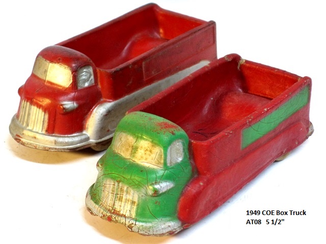 Here we have a photo of the 1948 cab-forward box truck, AT08, 5 1/2 inches long.
				One is red over silver, the other red and green.