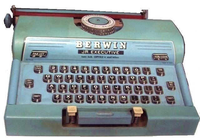 This blue Berwin Junior Executive isn't 
			likely to get your heart beating fast, but it looked good enough to keep when the first one came to the museum. Over time since, the light blue metal body with its black and white litho keys and black on white label has grown on me. Perhaps it's because time to study it along with its contemporaries and successors has developed a genuine appreciation of its appealing features, and a forgiving view of its shortcomings.