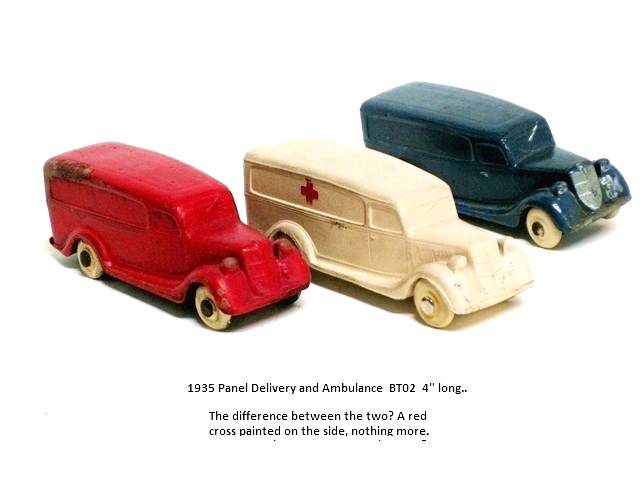 Three allegedly Barr ambulances, but with Seiberling undercarriages. This is the front passenger side view of the red, the white, and the blue ambulances.
