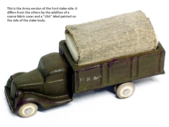 This is the Army truck with USA in white lettering on the side of the bed. The Army truck has dual rear wheels.