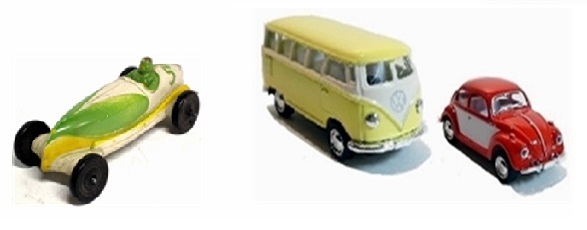 This is a photo of one of my rubber racecar and a pair of my Volkswagens. Love 'em!