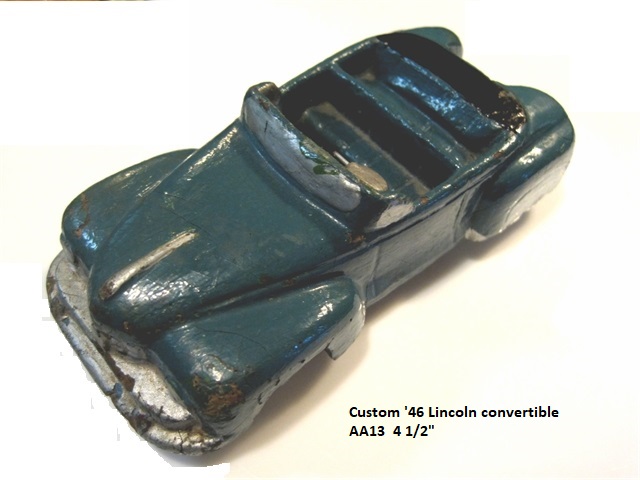 A very customized version of the Linoln with the front skirts removed
			and the entire back end of the body removed to leave the rear fenders as stand-alone body extensions and no remaining trunk at all. Instead, there is a panel just behind the back seat. The rear axle and wheels attach to this with the usual Auburn clip. There is no sign of any bondo or gluing, although the front skirts clearly have been cut out by a previous owner. All paint appears to be original. The custom body is a masterpiece. This is a view from overhead, down and along the driver's side.