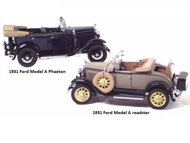 There are two Model A Fords in this picture. The one in the background faces right and is on a clear plastic pedestal. It is a 1931 phaeton, a four-dour convertible, very dark blue with black interior, black sidewall tires and rear mounted spare. The second Ford in a 1931 roadster, tan with dark brown body moldings and reveals. The wheels are a cream yellow with blackwall tires, and there is a fender-mounted spare with a tire cover. There is a luggage rack at the back, with a black trunk, and the almost mandatory rumble seat. The upholstery is a rich brown, and there are etched windwings at each door. The hood ornament in the flying quail, well reproduced despite the small size.