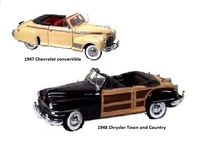 In this picture are two more diecast cars, a 1947 Chevrolet convertible and a 1948 Chrysler Town and Country woodie convertible. The Chevy is light tan with red interior. The Chrysler is deep maroon with maroon interior. Both have whitewall tires. The wood on the Chrysler is maple with walnut panels.