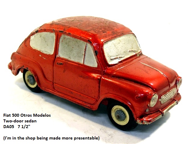 I love this sub-compact Fiat 500. It is a rear-engined two-door, four seat, small city car manufactured and marketed by Fiat Automobiles from 1957 to 1975 over a single generation in 2-door saloon and 2-door station wagon bodystyles. It is red but the paint is a bit rough, though it can be fixed. A pair of round headlamps are on each front wing and a small grill is located lower, between the lamps. Small,round driving lamps are located below each headlamp.