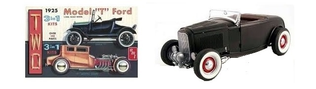 There are two photos here, one a model car kit and one a 1:18 diecast of my favorite rod. I have especially warm affection for the AMT kit, which I first built back in 1963 when I was just a kid in high school who had a true passion for hot rods. I couldn't get any closer at the time, but when my issue of Hot Rod magazine showed up, or Rod & Custom, I could fantasize that I, too, was a hot rod guy. The second is a 1:18 scale flat black diecast full-fendered '32 Ford roadster with fuel tank mounted out front of the radiator and wearing wide whitewalls and red steel wheels with chromed baby Moons and beauty rings. The windshield frame has been chopped, the louvered hood folds to the center, and that beautiful deuce radiator shell pulls the front of the car together. There is some undercarriage suspension chrome but not too much. Under the hood is a hot flathead motor and, well, what can I say? It's a Highboy roadster.