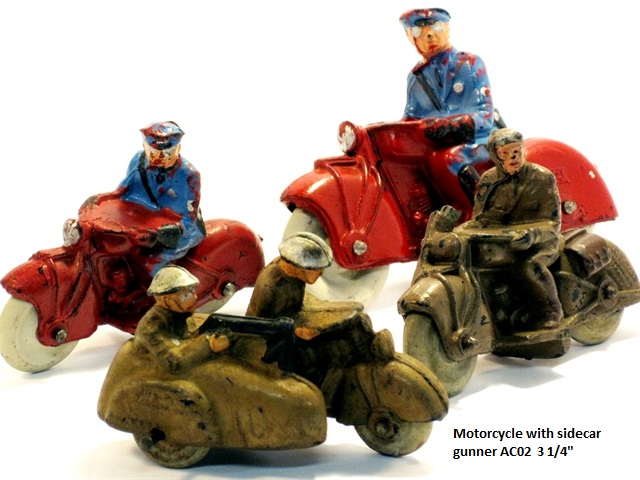 Auburn sold wonderful rubber motorcycles (which cannot be said, in my opinion,of the later vinyl versions despite fine detail and good quality). This photo shows the large and small motorcycle cops riding red bikes and wearing blue uniforms and sunglasses. Also, a military bike with sidecar, driver, and passenger gunner, and a scout version with saddlebags and rifle scabbard. He wears a pistol. The detail on the scout motorcycle and rider is excellent with army brown bike, and leathers, brown boots, saddle bags and scabbard, and silver holster. The rifle stock is grey. All Auburn rubber motorcycles have white rubber tires.
