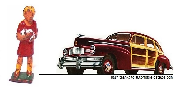 On the left, this picture has a cast figure of a blond little girl in a red dress and yellow knee socks. She is holding a little black and white dog. To her right is an ad photo for the 1947 Nash.