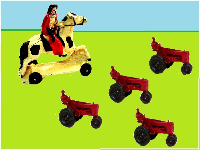 Cowboy on horseback herding 'cattle' -- mini tractors.