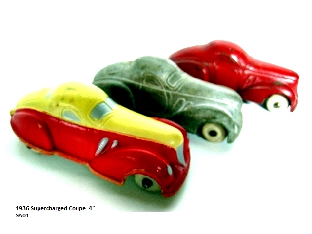 Group of three 1936 Supercharged Coupes in red&;/&/;yellow, silver, red. The supercharged coupes are 4 inches long. Pre-WW2 versions are solid color, post-war are both solids and two-tones. All of mine have white tires.