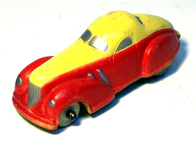 1936 Supercharged Coupe in yellow over red viewed from the left front.