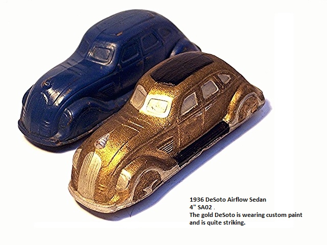 Pair of Sun Airflows, one red and one green. The Sun Airflows are quite small, about 4 inches long and less than two inches wide, narrower than the Supercharged Coupes. The Airflow was the first rubber toy vehicle produced by Sun. Early examples with have Patent Pending inside the body and often will have special Sun tires as well.
