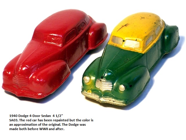 1940 Dodge pair, one red and one yellow over green. The Dodge is 4 and a half inches long and has suicide doors.