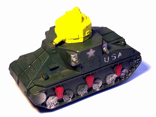 A green army tank with yellow turret, viewed from the front quarter.