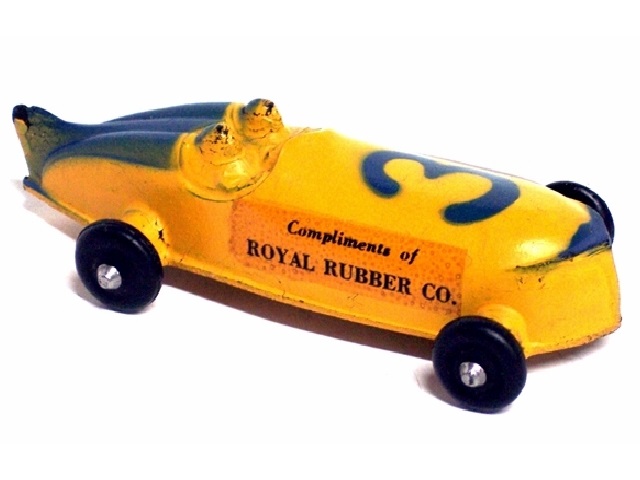 Yellow Sun race car with blue trim, number 3, 
			small black tires, seen from the right front quarter.