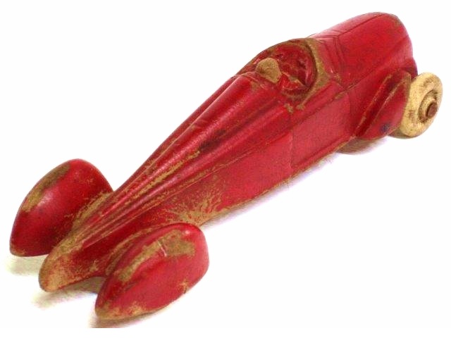 A red version of the open race car loosely modelled on the German Auto Union cars. It is six and a half inches long.