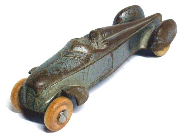 A silver version of the open race car loosely modelled on the German Auto Union cars. It is six and a half inches long.