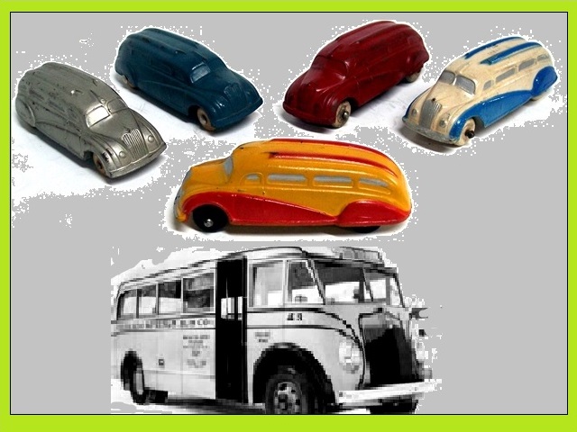 Five White buses from the collection in a gentle arc above the photograph of a real White bus (though not the same vehicle as the toy) gives an example nonetheless of how Sun tried to use both reality and fantasy to ensure enduring popular its toys.