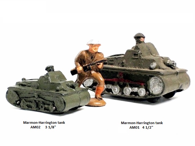This is another photo of the two Auburn tanks (one large, one small) with an advancing soldier between them. The soldier seems too large, but in fact these were light tanks and small, with perhaps only a two-man crew in this version. It was more a WWII tank than WWI (having been produced in the 1930's. The toys appeared in the 1940 and 1941 catalogs along with the WWI and the WWII soldiers.