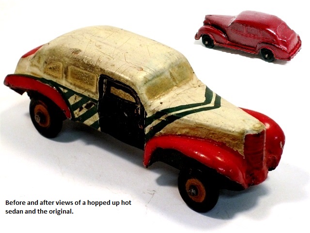 A highly customized version of the 1937 Oldsmobile the Museum calls The Joker. Fenders are cut open very high, almost to the point of resembling cycle fenders; runningboards and bumpers are cut away. The car body is painted white, with diagonal green stripes across the hood. The front end sheet metal and the trunk are bright red, as are the fenders. The passenger's door is solid black. Perhaps time or inclination or paint ran out. Just above it is an original, red '37 sedan.