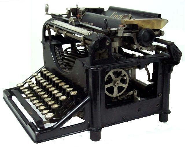 This view of the right side from slightly above shows the frame lip along the bottom and the outward curve of the top front frame, both unique characteristics of the Underwood 1. There is a finger pull that is part of the carriage casting, useful for pulling the carriage to the right. The platen and carriage adjusting and placement bits can be clearly seen. The large ribbon winding wheel with its five spokes and handle is mounted vertically and parallel with the sides of the frame. A lever locks and unlocks the spool to control the direction the ribbon travels.