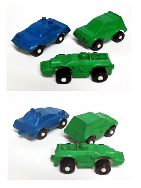 Three Wee Toys, which were produced very near to the end of the Sun toy production. Here we have a front view of the blue police car, the green Gremlin, and a side view of the blue military truck.